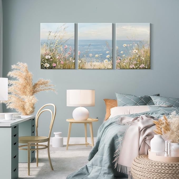3 Pcs Framed Coastal Wildflower Wall Art Beach Floral Canvas Wall Decor Vintage Coastal Landscape Pictures Ocean Flower Poster Summer Floral Prints Seascape Painting for Living Room Bedroom 12x16 inch Ready to Hang
