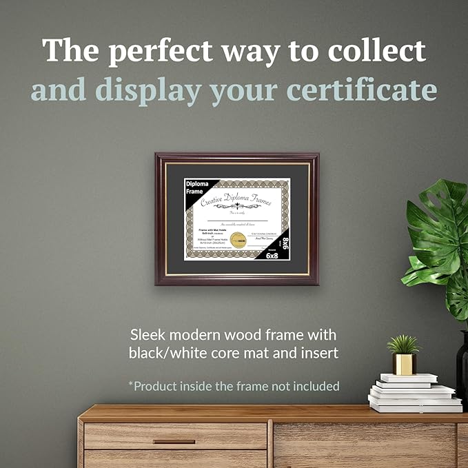 Creative Picture Frames 6x8 Mahogany Gold Rim Diploma Frame with Black Mat Glass Easel and Installed Wall Hangers | Frame Holds 8x10 Media without Mat