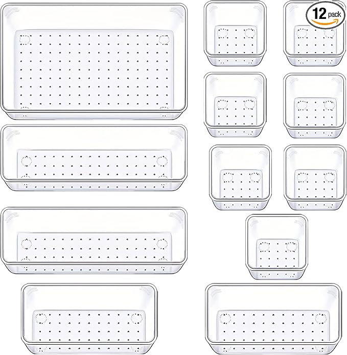 Drawer Organizers Set of 12, 4 Sizes Clear Plastic Drawer Organizers and Storage Bins for Kitchen, Bathroom, Office, Dresser Desk Drawer Organizer Tray for Jewelry, Makeup, Junk, Gadgets