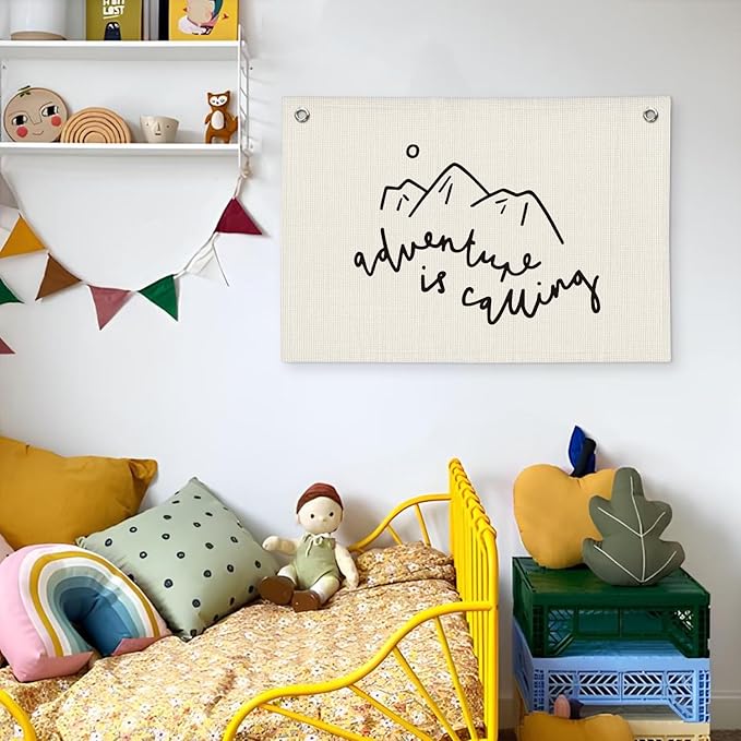 Adventure Nursery Decor – Mountain-Themed Linen Canvas Banner, Baby Shower & Boys' Room Wall Hanging Flag, 20x30 Inch