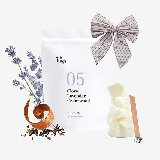 Siblings Candle Making Kit | DIY Coconut-Soy Wax Candle Kit with Wooden Wick | Scent No 05: Clove, Lavender, Cedarwood | Clean, Non-Toxic, Reusable, 60 Hr Burn