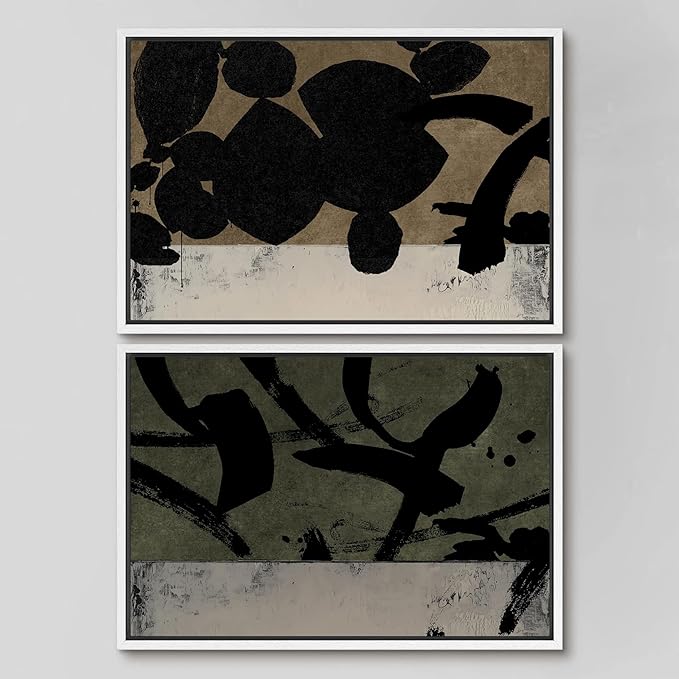 SIGNWIN Framed Canvas Print Wall Art Set Abstract Black Brushstroke Illustrations Modern Art Minimal Boho Colorful for Living Room, Bedroom, Office - 16"x24"x2 WHITE