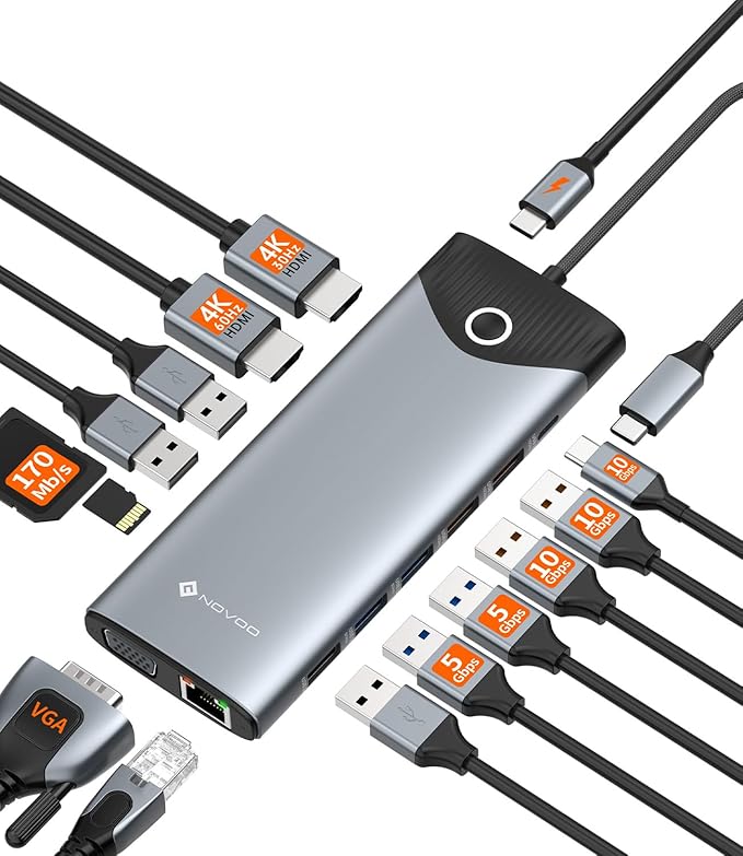 NOVOO USB C Docking Station Dual Monitor HDMI 4K 60Hz, 15-in-1 DisplayPort, VGA, 100W PD Charging, 10Gbps USB-C/USB-A, Ethernet, SD/TF, Audio – Compatible with MacBook, Dell, HP, Lenovo, Surface