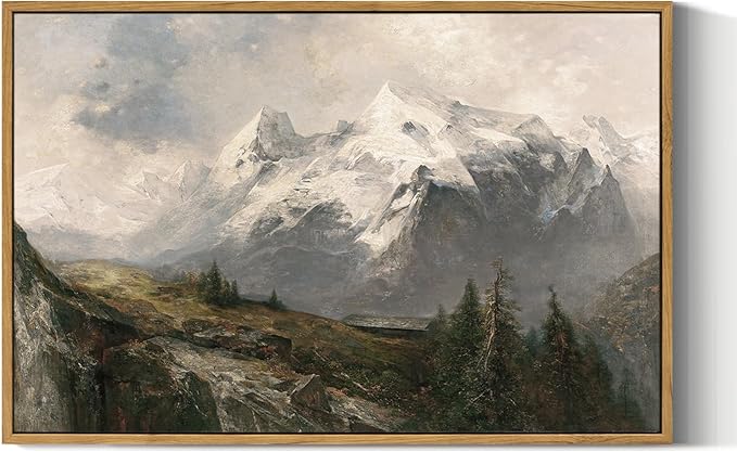 VIYYIEA Framed Canvas Wall Art Room Decor, Winter Decor, Mountain Landscape Wall Painting Prints, Rustic Farmhouse Decor for Bedroom Bathroom Living Room 16"x24"