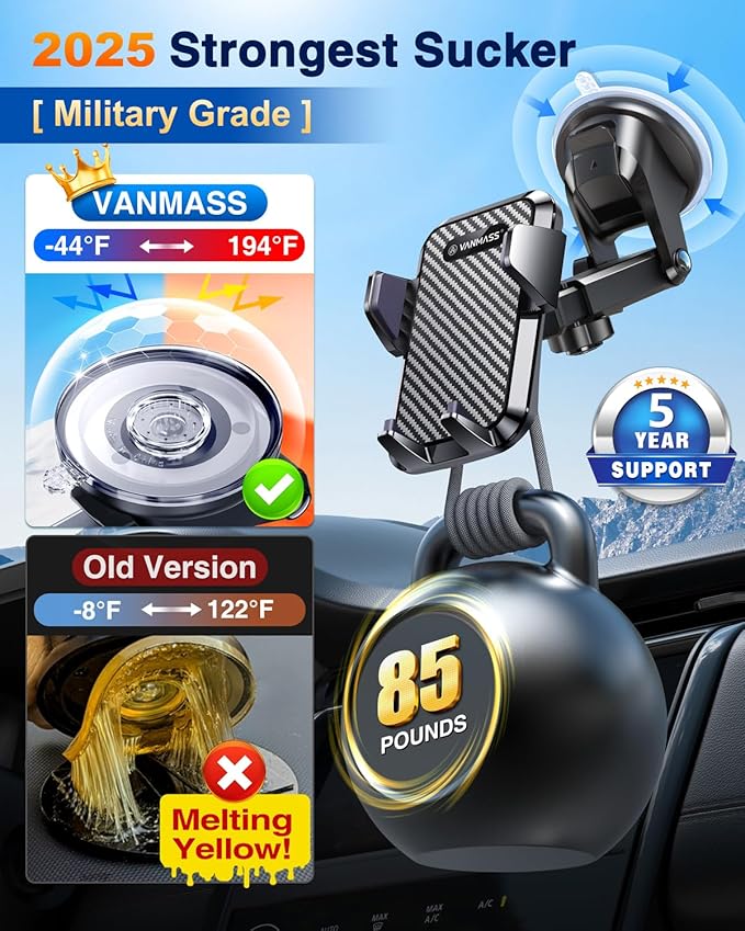 VANMASS 【85+LBS Strongest Suction & Military-Grade Ultimate Car Phone Mount【Patent & Safety Certs】 Cell Phone Holder Truck Desk Mount for Dashboard Windshield Vent for iPhone 17 Pro Max 16 15 Samsung