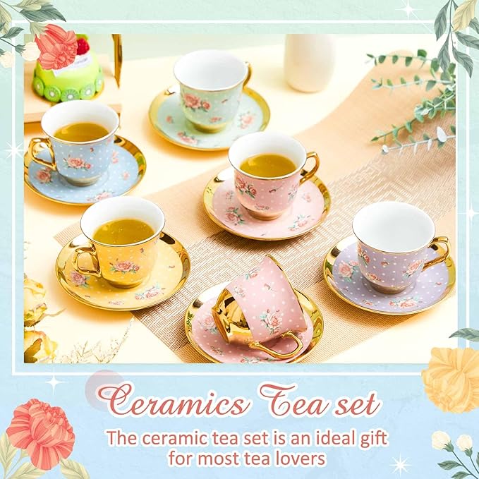 Set of 18 Tea Cups and Saucers Tea Party Decorations Floral Porcelain 5.4 oz British Gift for Women Birthday Party, Church, and Mother's Day (Vintage Style)