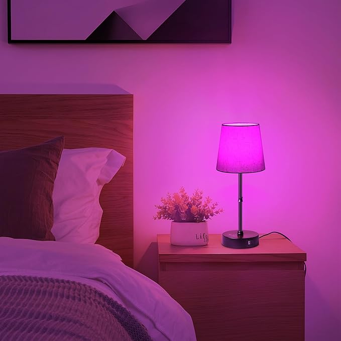 Ascher Bedside Table Lamp Set of 2, RGB Color Changing, 3 Color Temperatures, Dimmable Nightstand Lamp with USB C+A Ports, Touch Desk Lamp for Bedroom Living Room, H15.6in, Flaxen Shade