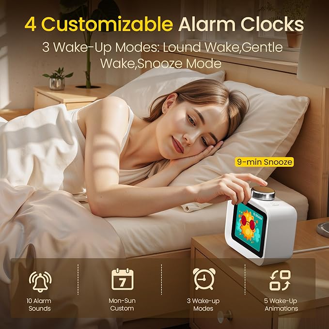 AIRIVO Alarm Clock, Colorful LCD Display with 8 Visual Themes, 4 Digital Alarms with 30 White Noise for Bedrooms, 112dB Loud Alarm Clock with Hourly Chime for Heavy Sleepers, Gift for Kids Teens