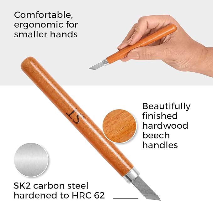 Beginner-Friendly Wood Carving Tools Kit, 15pc Razor Sharp Mini Japanese Pen Chisel Set, DIY Crafts, Lino Cut and Woodworking from Schaaf Tools (Small Handles)