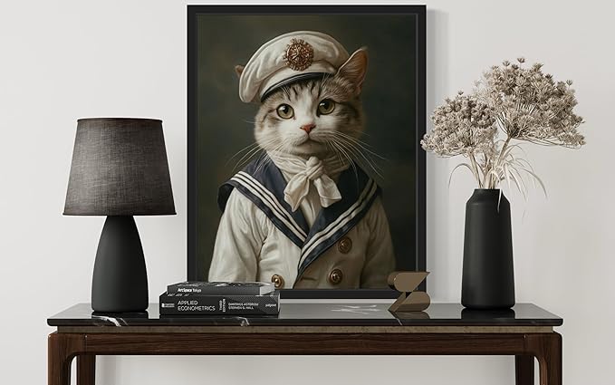 Sailor Cat Art Poster Print, Cat Kitten Painting Humor Portrait Pet Artwork Decor Gallery A8 (Sailor, 16 x 20 inches, Black Frame)