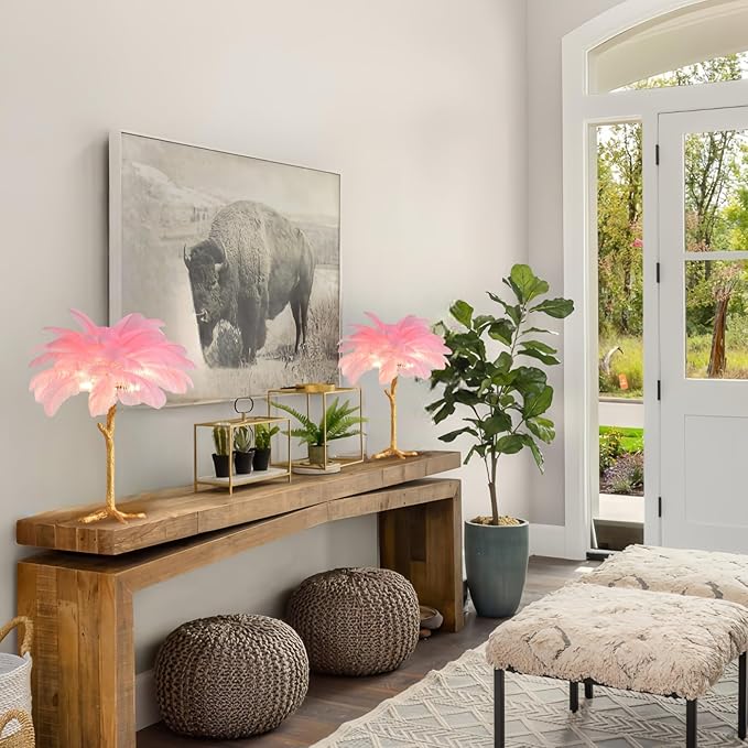 Pink Feather Lamp Romantic Ostrich Feather Bedside Lamp with Gold Resin Stand Coconut Fuzzy Table Lamp G4*3 Bulb Nordic Nightstand Light for Bedroom Living Room Entryway Christmas Gift