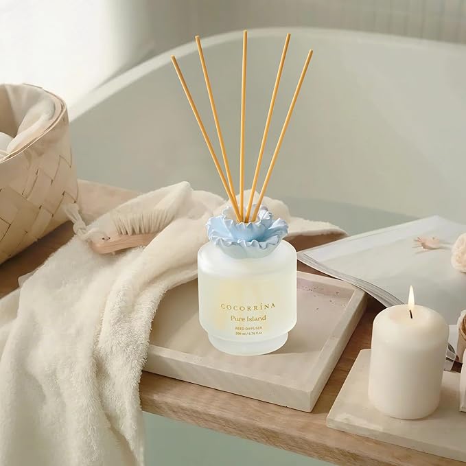 COCORRÍNA Gypsum Flower Reed Diffuser – Pure Island Scent, 6.76 oz Oil with 8 Sticks, Long-Lasting Home Fragrance for Bathroom Décor