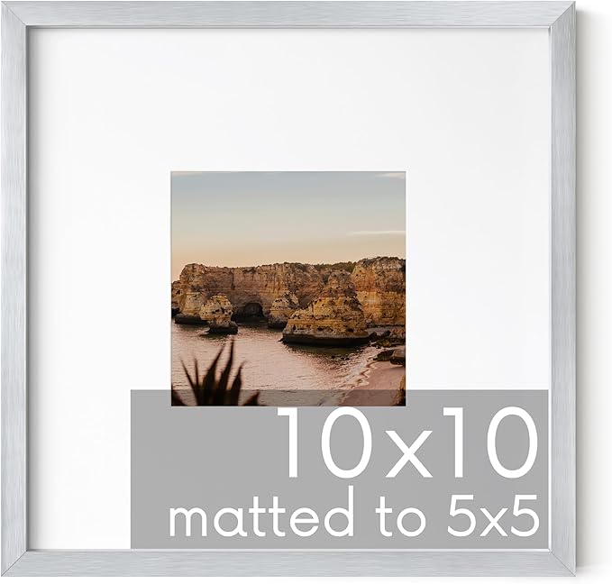 HAUS AND HUES 10x10 Silver Metal Picture Frame Matted to 5x5 - Premium Aluminum with Hanging Hardware, Shatterproof Plexiglass - Ideal for Home or Office (10x10 in, Silver, Set of 1)