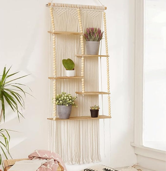 Macrame Wall Hanging Shelf Boho Wall Decor Home 2 Tier Hanger Shelves Braided with Tassels Shelves Organizer for Kitchen, Bedroom, Home Storage, Floating Plant Shelf (Wood)