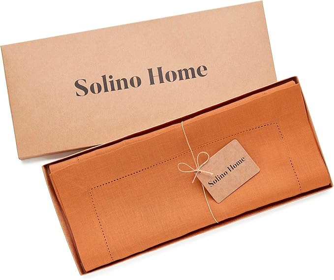 Solino Home Linen Pumpkin Hemstitch Table Runner 36 Inches - 100% Pure Linen Small Table Runner 14 x 36 Inch Ideal for Dresser and Coffee Tables - Classic Hemstitch