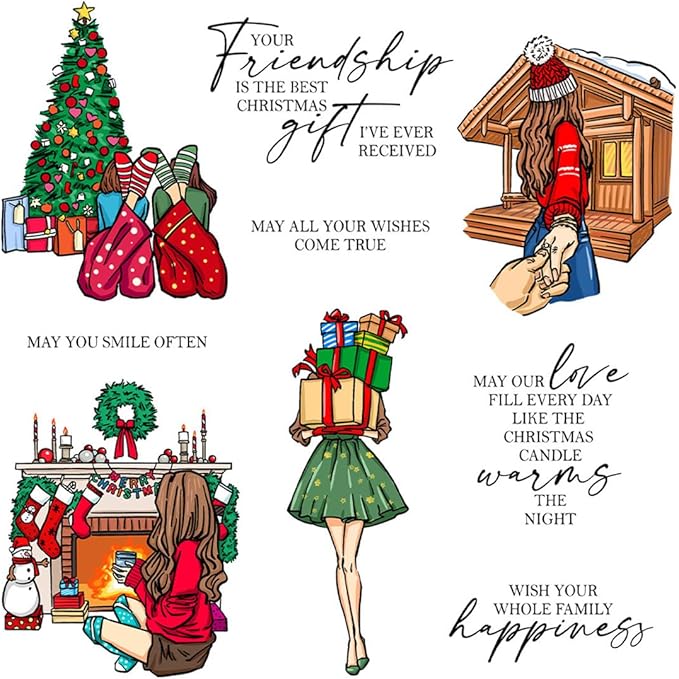 Christmas Women's Friendship Box Stamps and Cutting Dies for Card Making DIY Transparent Silicone Clear Stamp and Metal Die Cuts Sets for Scrapbooking Paper Greeting Cards Decor Seals Craft Supplies