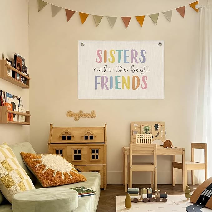 Girls Room Decor, Sisters Make The Best Friends, Canvas Banner Wall Hanging Banner Flag Decor for Nursery Classroom Playroom Kids Room