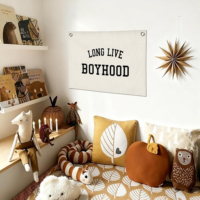 Nursery Decor Wall Art,Long Live Boyhood,Minimalist Black and White Linen Banner Print Decor Hanging for Kids Boys Toddler Nursery Room Bedroom Playroom, 30X20 Inch