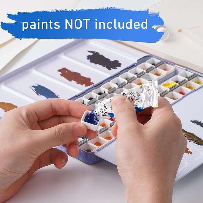 PEVART Empty Watercolor Paint Palette case,Metal Water Color Tin Box with 52 Half Pans and Fold-out Mixing Painting Tray-Portable Travel Watercolor Palette, Plain Air painting