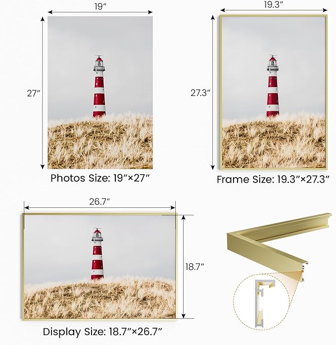 19x27 Aluminum Metal Picture Frame,Tempered Glass Gold Photo Frame 19x27 for Family Photo,Posters,Art,Document to Wall Mount Horizontally or Vertically