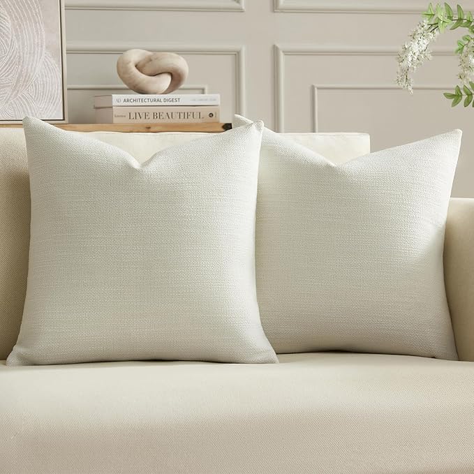 Meekio Set of 2 Linen Look Ivory Pillow Covers 18x18, Decorative Throw Pillow Covers for Couch, Sofa, Bed & Living Room Decor