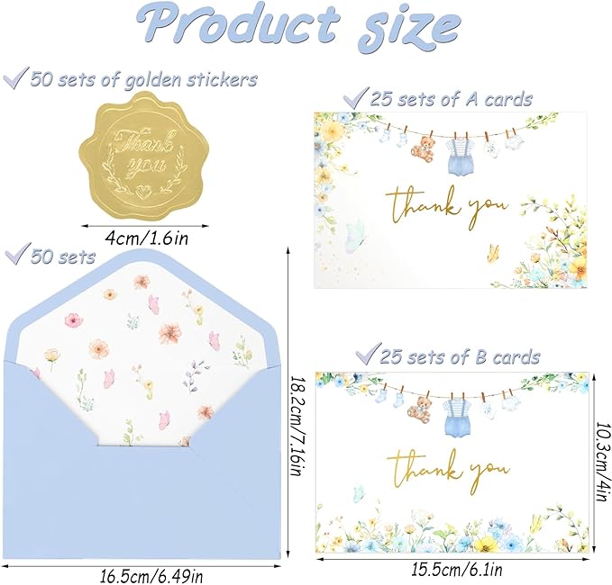 50 Pack Blue Baby Shower Thank You Card Shower Blue Gold Foil Greeting Card with Envelopes And Stickers Set Bulk for Baby Shower Birthday Party (Blue Gold)