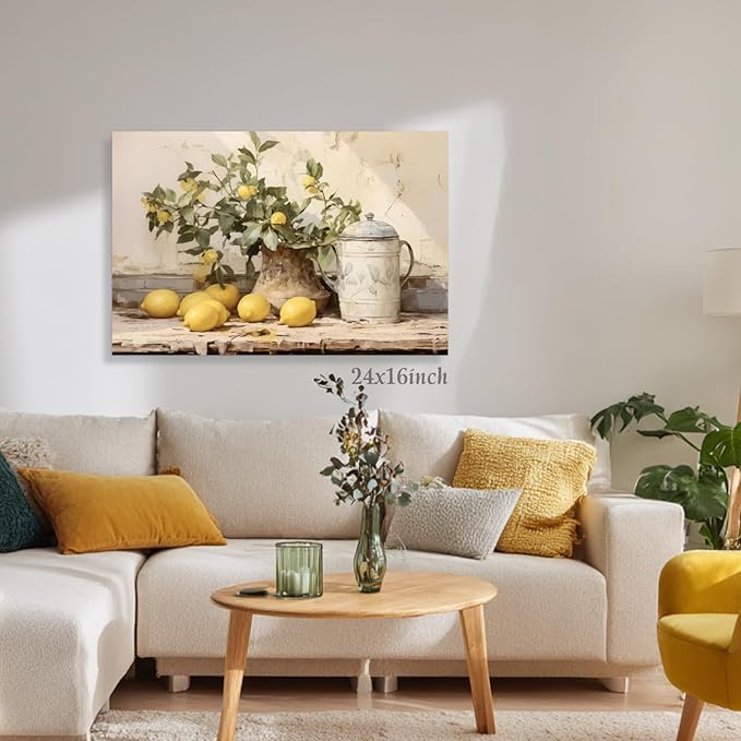 LLEEMPI Framed Vintage Lemon Wall Art, Country Botanical Wall Decor, Yellow Fruit Still Life Canvas Painting, Rustic Farmhouse Poster Print for Kitchen Living Room Bathroom Bedroom 12x16 Inch
