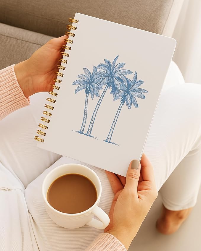 Tropical Palm Tree Notebook, Coastal Beach Journal, Blue Beachy Journal for Writing, Beach Lover Gifts for Women Men, Ocean Aesthetic Spiral Notebook, 5.5x8.3 Inch 554