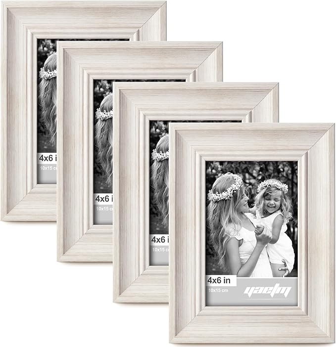Yaetm 4x6 Picture Frame Set of 4, 1.4” Wide Molding & Rustic White Photo Frames with HD Tempered Glass, Display on Table Top & Wall Mounting (4 pack, Rustic White)