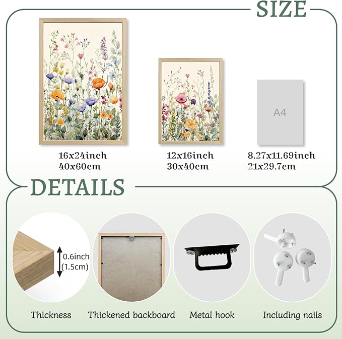 LLEEMPI Watercolor Floral Wall Art Set of 3, Colorful Wildflower Wall Decor, Modern Abstract Botanical Canvas Painting, Rustic Farmhouse Poster Print for Bedroom Bathroom Office Wood Framed 12x16 Inch
