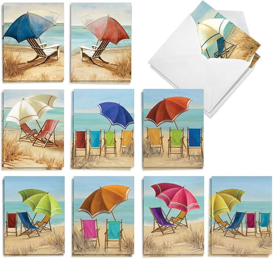 The Best Card Company 20 Assorted Nautical Blank Notecards Box Set 4 x 5.12 Envelopes For Men, Women (10x2 Each) Beach Chairs AM10692OCB-B2x10