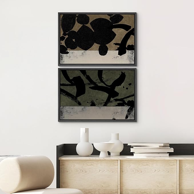 SIGNWIN Framed Canvas Print Wall Art Set Abstract Black Brushstroke Illustrations Modern Art Minimal Boho Colorful for Living Room, Bedroom, Office - 24"x36"x2 BLACK