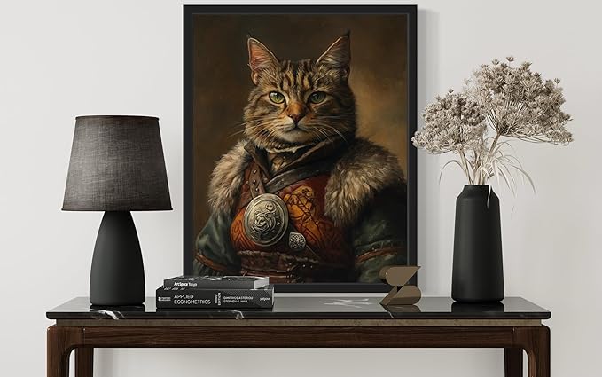 Viking Cat Art Poster Print, Cat Kitten Painting Humor Portrait Pet Artwork Decor Gallery A8 (Viking Cat, 8 x 10 inches, Black Frame)