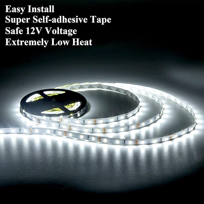20FT White LED Strip Lights, Dimmable 6000K 360LEDs, Rope Strip Lights, Under Cabinet LED Strip Lights Tape with UL Power Supply for Kitchen, Wedding, Mirro, Not Waterproof.