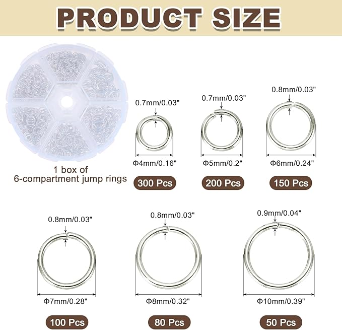 MECCANIXITY Jump Rings for Jewelry Making, 6 Sizes Alloy Open Jump Rings for Keychains Earings DIY Craft(White, 880Pcs)