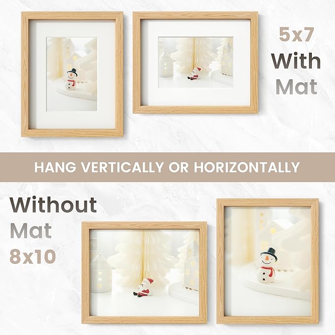 8x10 Picture Frame, USA-Sourced Natural Oak Wood Photo Collage Frame with HD Tempered Glass, Modern Simple 8 x 10 Wooden Frame Matted to 5x7, Gallery Wall Frames for Art, Wall or Tabletop Display
