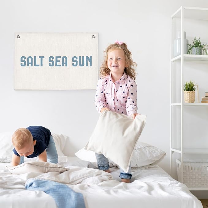 Coastal Beach Salt Sea Sun Kids Room Decor - Linen Banner Wall Hanging Canvas Banner Flag Decor for Kids Toddler Bedroom Nursery Playroom