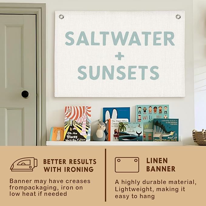 Lacama Beach Theme Wall Decor for Boys Room, Coastal Kids Playroom Nursery Hanging Sign, Saltwater + Sunsets Linen Canvas Banner, Rustic Nautical Surf, 30x20 Inch