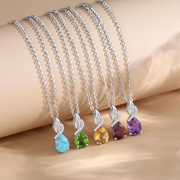 FANCIME 14K Solid White Gold Teardrop Pendant with Diamond Birthstone Necklace