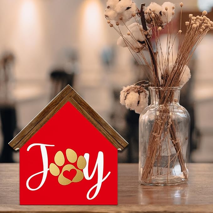 Joy Christmas Sign Decorations, Dog Paws House Shaped Wooden Sign, Rustic Christmas Decor for Farmhouse Home Office