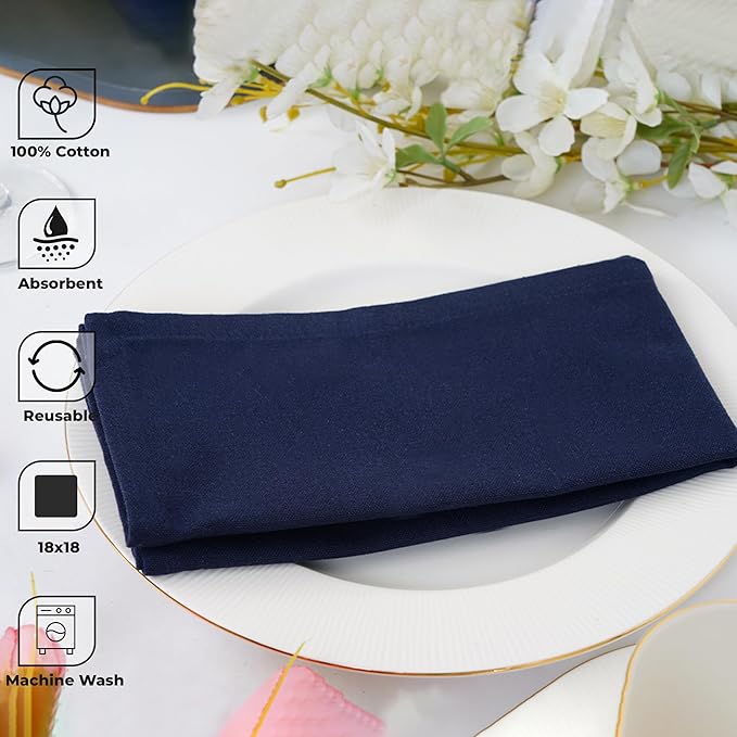 Blue Needles Solid Cloth Napkins Set of 12 Navy Blue 100% Cotton Dinner Napkins 18x18 inches - Soft, Reusable, Absorbent & Washable Linen, Ideal for Christmas Events, Parties & Everyday Use