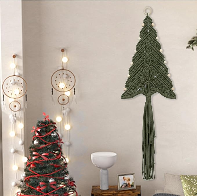 LB Macrame Christmas Tree Wall Hanging, Green Christmas Tree Wall Art Handmade Woven with Wood Beads Xmas Holiday Tapestry Funny Xmas Ornament for Bedroom Living Room Rustic Xmas Decor,10X31 Inch