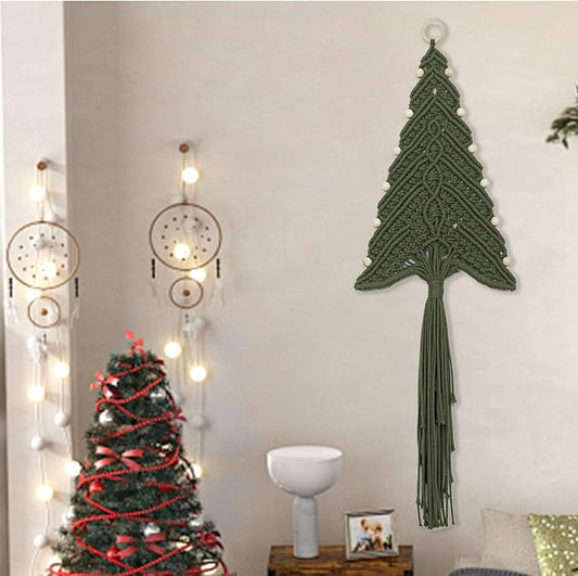 LB Macrame Christmas Tree Wall Hanging, Green Christmas Tree Wall Art Handmade Woven with Wood Beads Xmas Holiday Tapestry Funny Xmas Ornament for Bedroom Living Room Rustic Xmas Decor,10X31 Inch