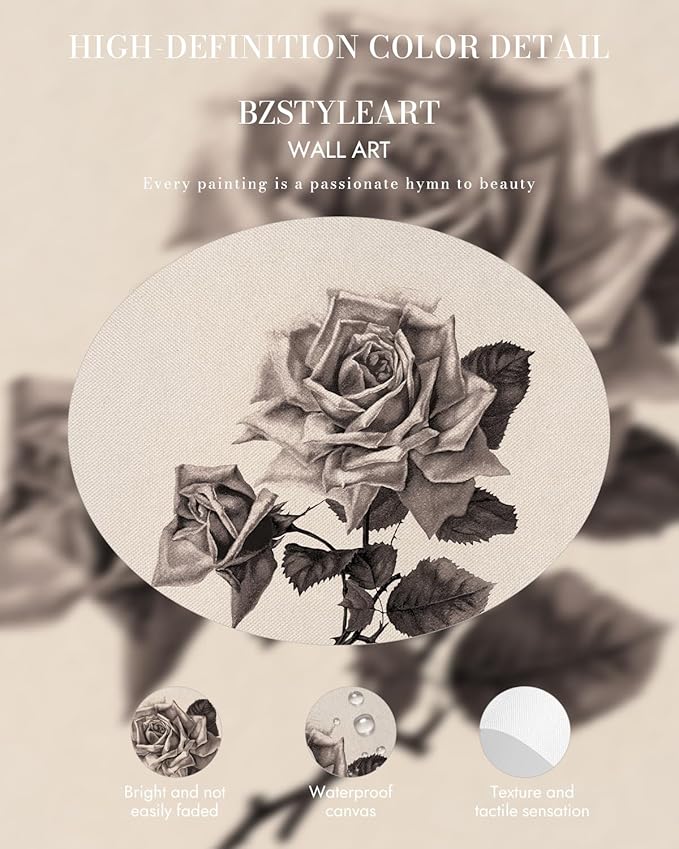 Bzstyleart Vintage Wall Art Decor for Living Room,Rose Flower Canvas Prints,Gold Framed Vintage Wall Decor,Sketch Painting Picture,Home Decor Aesthetic for Shelf Kitchen Bathroom,12L x 16W