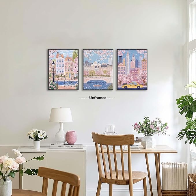XLARTMY Watercolor City Landscape Travel Wall Art Canvas Framed Pink Cherry Flower Poster Girly Prints Painting Pictures Set of 3 for Bedroom Living Room Office 12x16in Unframed