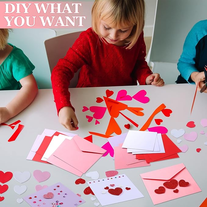 Tinlade 20 Pack Valentines Crafts Valentines's Day DIY Card Making Kit for Kids with 20 Cards 20 Envelopes 120 Foam Heart Stickers 10 Sheets Diamond Stickers for Boys Girls Classroom Exchange Gift