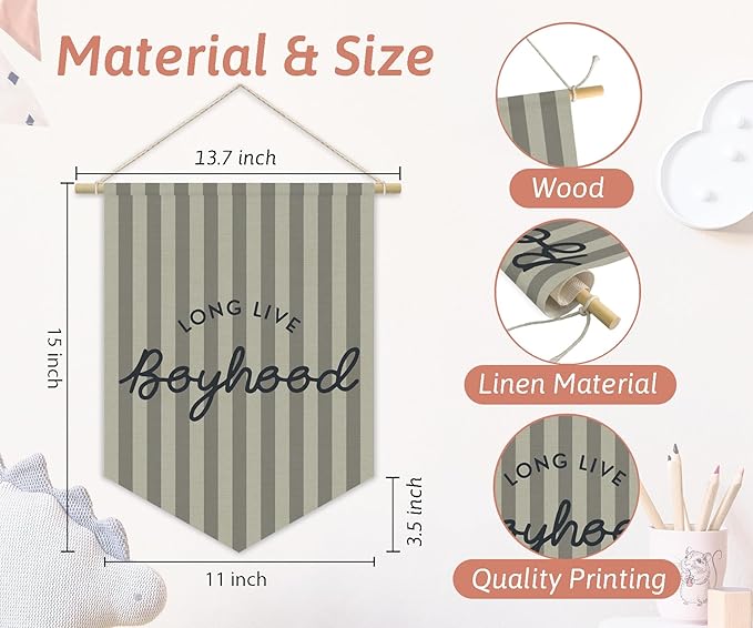 Boys Room Decor, Long Live Boyhood Boy Nursery Linen Canvas Banner, Grey Striped Wall Hanging Pennant Flag Banner for Boys Nursery Kids Toddler Room Bedroom Playroom Decor, 15x11in