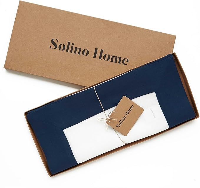 Solino Home Linen Table Runner 48 Inches - 100% Pure Linen Navy and White Table Runner 14 x 48 Inch Ideal for Dresser and Coffee Tables - Spring, Easter, Winter - Contempo