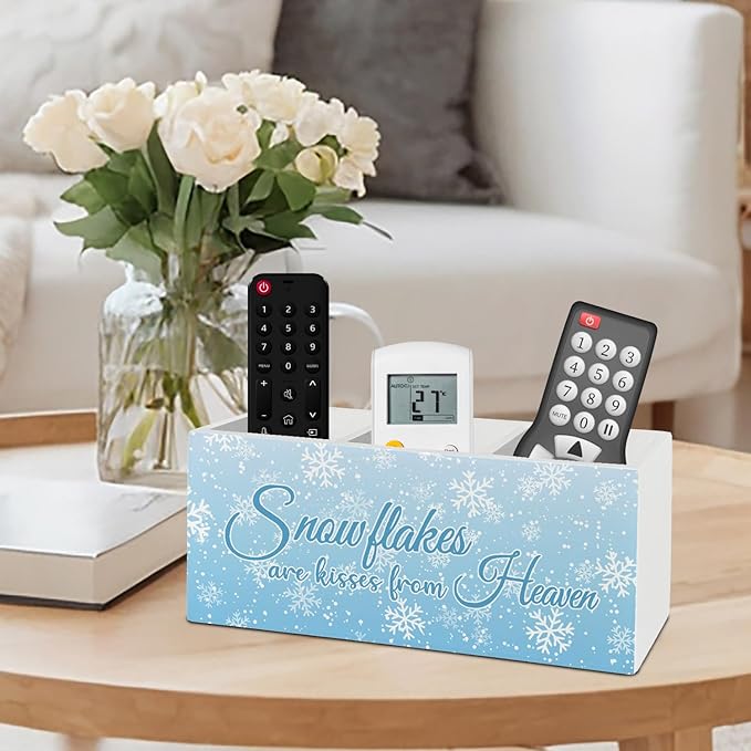 Blue Winter Christmas Pen Pencil Holder Organizer for Desk Accessories, Winter Snowflakes Wooden Box Sign Desk Decor for Home Office Decoration, Blue Christmas Decor