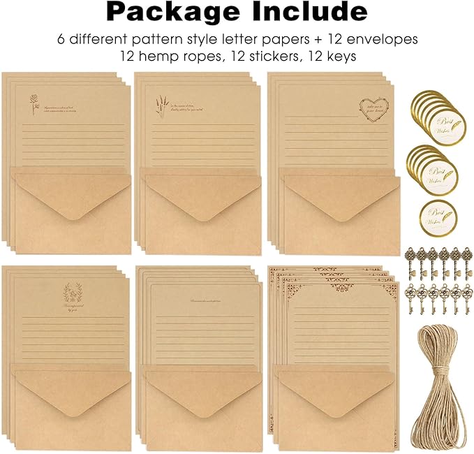 72 PCS Vintage Stationery Set,24 Stationery Writing Papers with 12 Matching Envelopes,Old Looking Stationary Kit for Writing Letters and Invitations